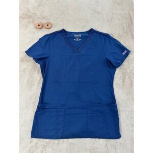 Cherokee Workwear Scrub Top Womens M Navy Blue V-Neck Rib Knit Panels EUC